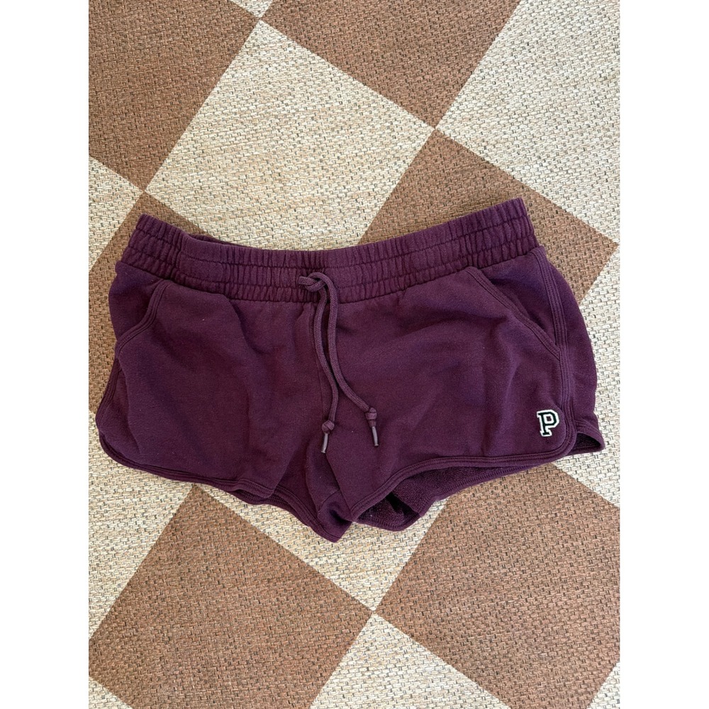 Victorias Secret PINK Fleece Lounge Shorts Burgundy Plum Drawstring P Logo Large